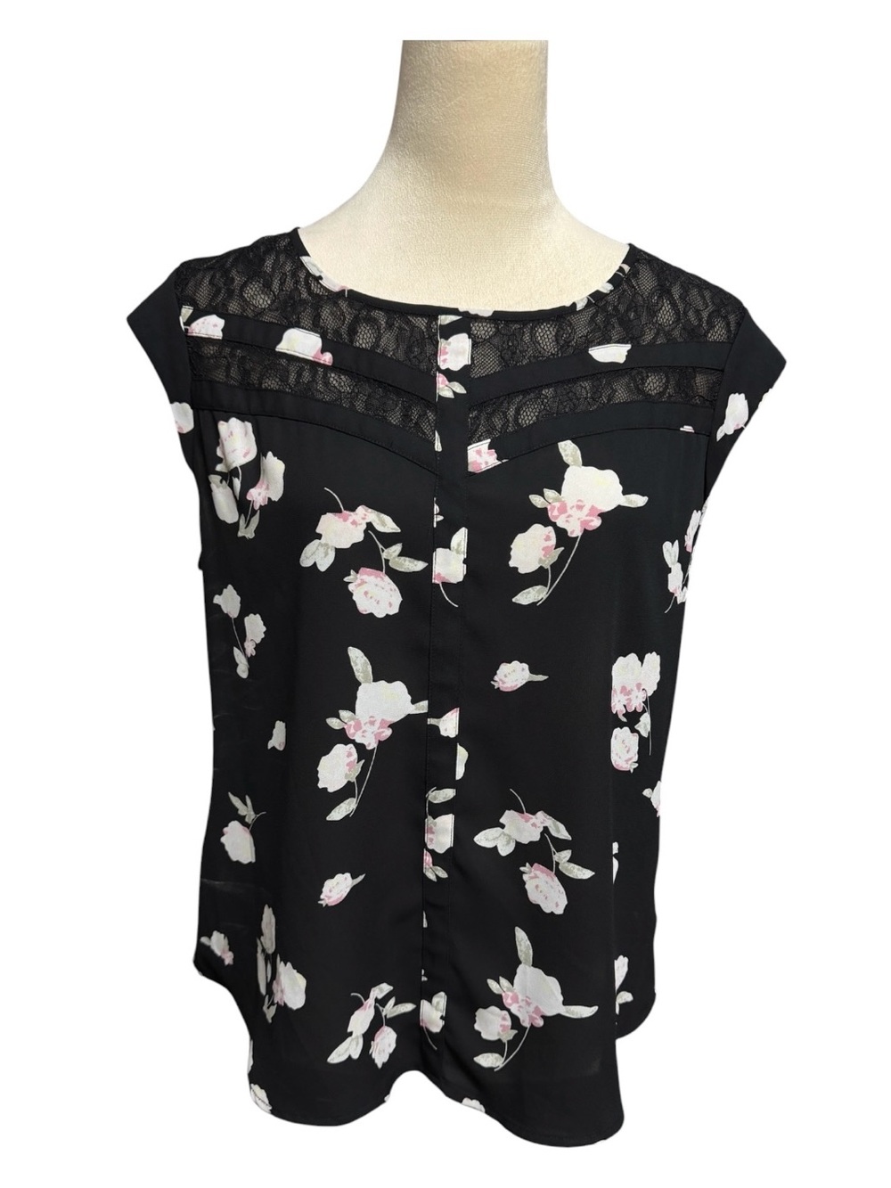 Candie's Black Floral Lace Detail Cap Sleeve
Blouse Size L NWOT